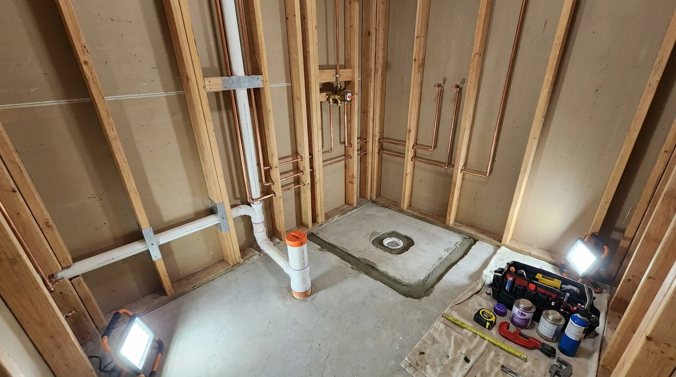 Bathroom rough-in plumbing during remodel by Johns Plumbing LLC in Hancock