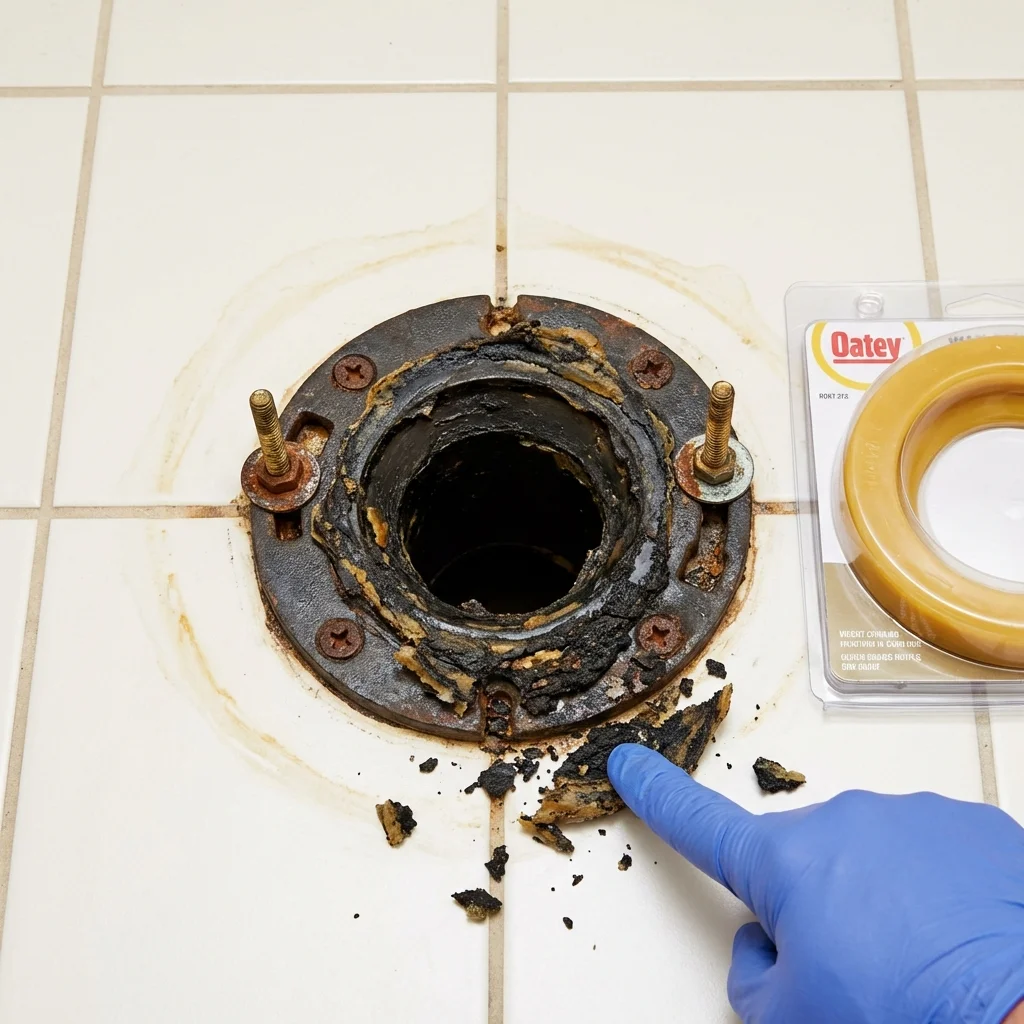 Failed wax ring showing water seepage at the base of a toilet in a Hancock, MD home